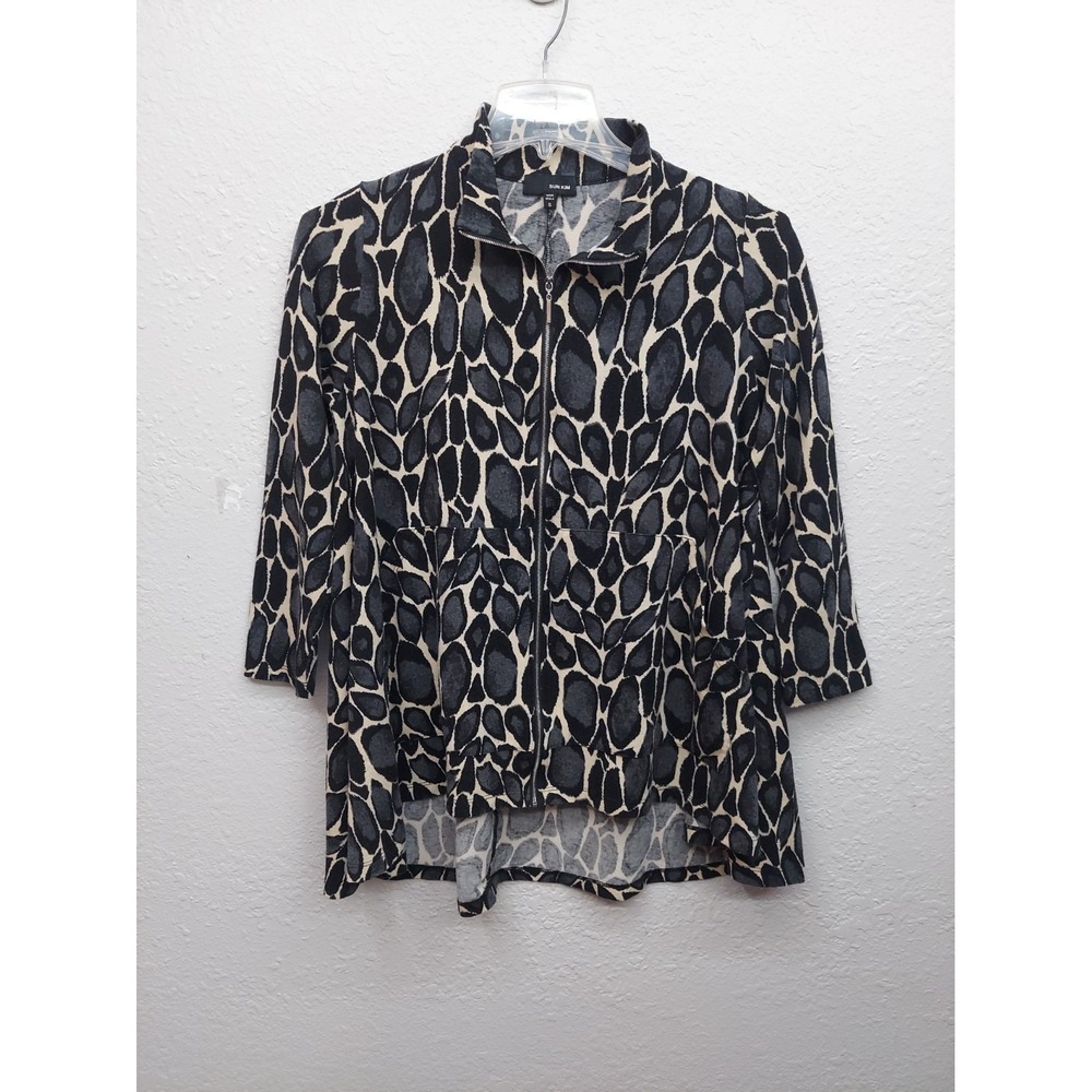 Sun Kim Sweater Top Women Small Animal Print Flowy Full Zip Long Sleeve USA Soft